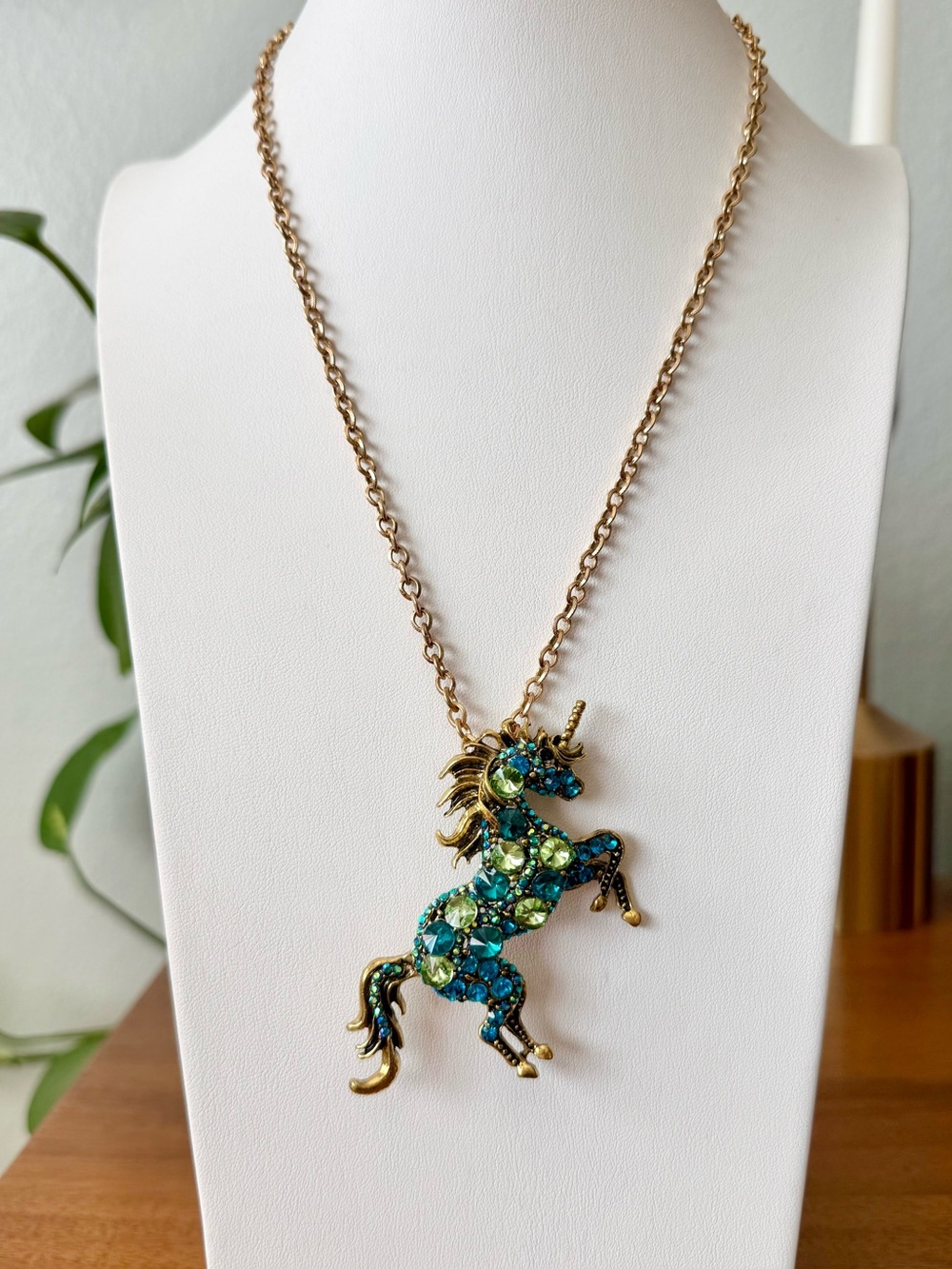 Antiqued Gold-Tone Unicorn Brooch Pendant with Blue & Green Crystal Rhinestones